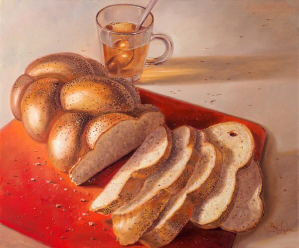 Challah with tea, Painting by Alex Levin
