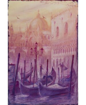 Purple gondolas and mooring poles before softly rendered Venetian domes and arches in a pink and cream painting.