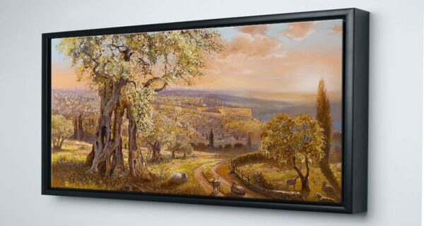 Jewish Art Auction: Old Jerusalem behind the olive tree, Reproduction on Canvas, Size 19"x35" - Image 2