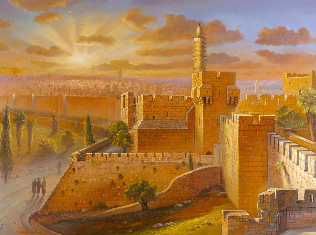 Migdal David morning Glow, Artwork by Alex Levin.