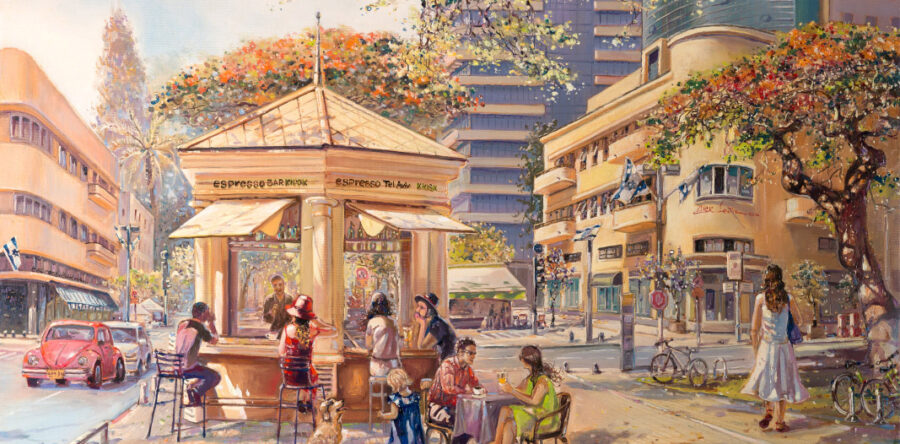 If you live in Tel-Aviv, or you are a visitor, you have to visit the first ‘kiosk’ (1909) of Tel Aviv at the corner of Rothschild Boulevard and Herzl Street. The kiosk was restored in the year 2000 thanks to a gift by the Hackmey family. By the way, it is said that the kiosk serves the best espresso in Tel Aviv.————————————————-PAINTING by Alex Levin