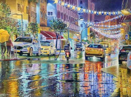rainy city painting