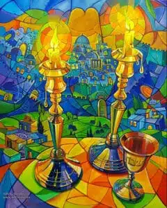 abstract jewish painting with shabbat candles