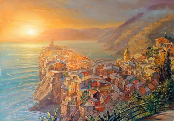 Sunset in magical Vernazza Italy, Painting by Alex Levin