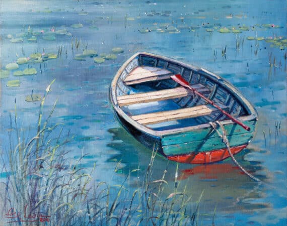 painting of boat lake