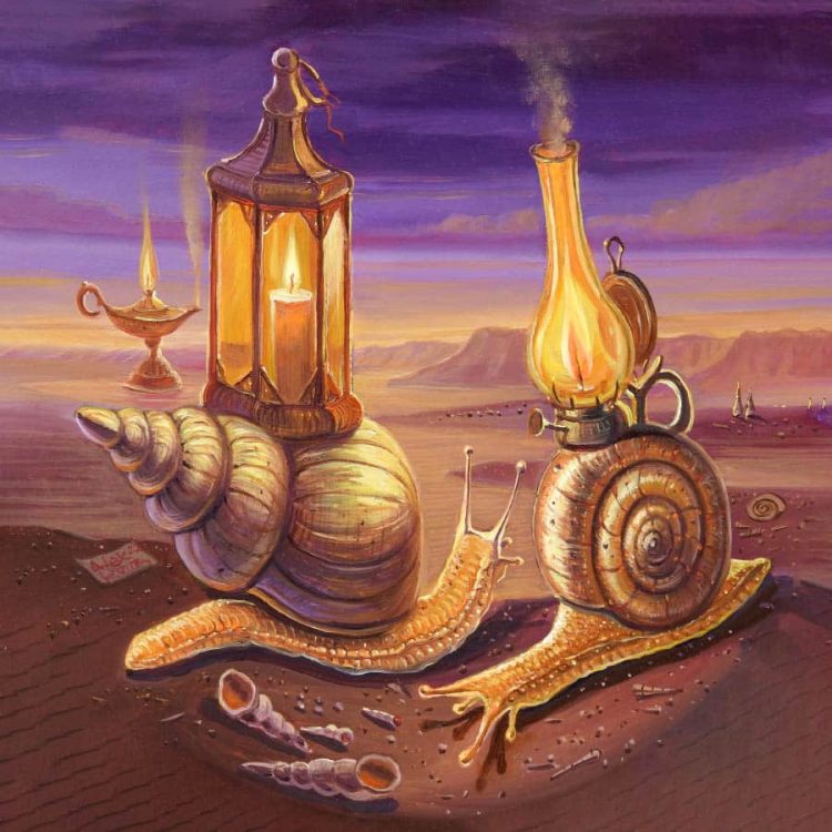 surrealistic painting of snails