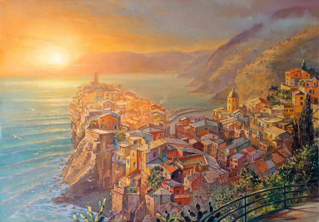 Sunset in magical Vernazza Italy, Painting by Alex Levin