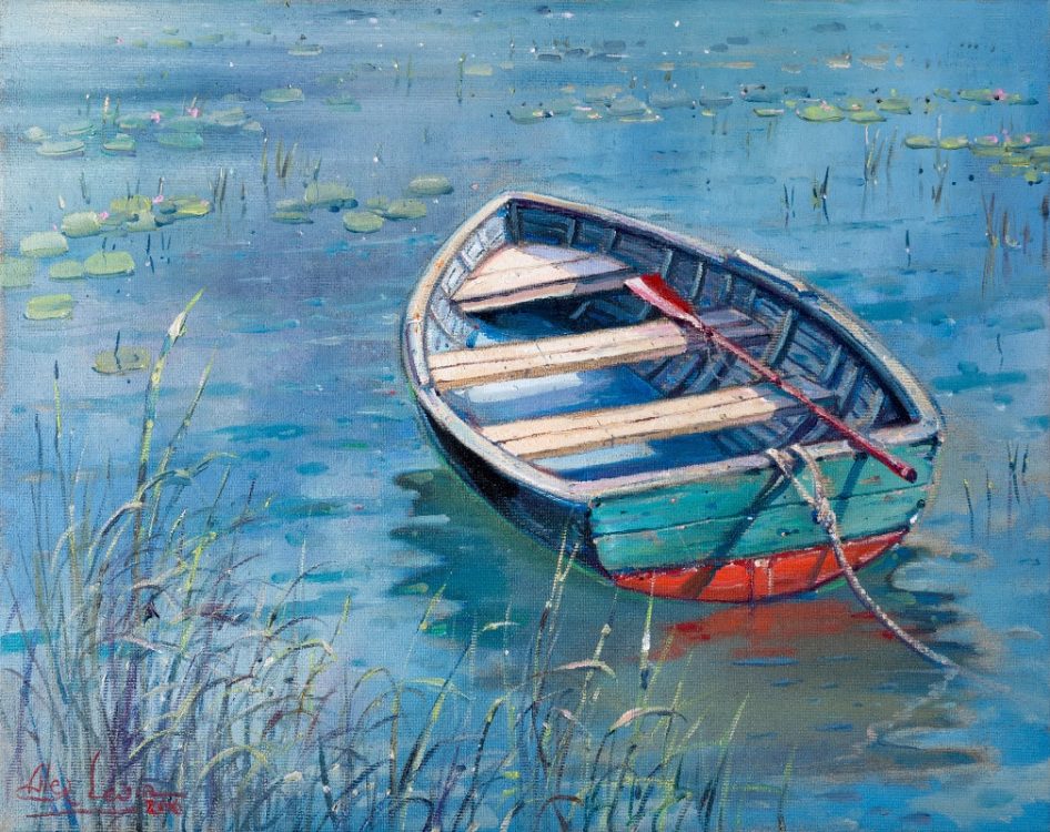 painting of boat lake