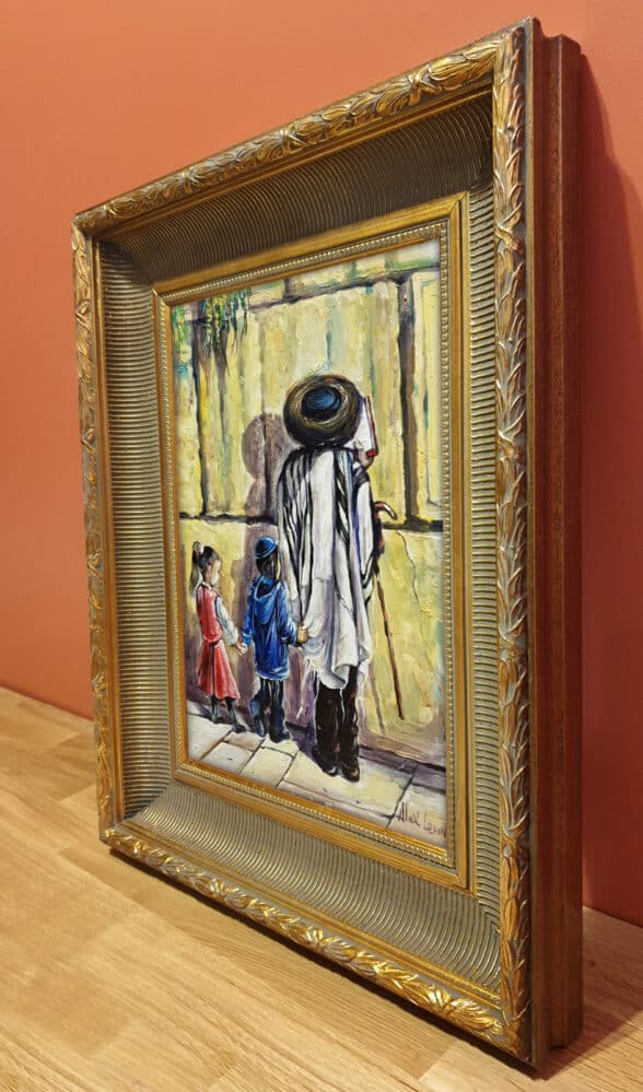 Jewish Art Auction: Praying by the Wall, Original Oil on Canvas, Size 12"x16" - Image 3
