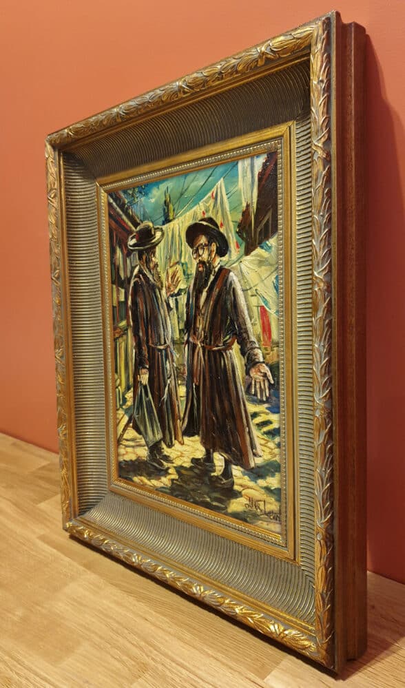 Jewish Art Auction: Discussion in Mea Shearim, Original Oil on Canvas, Size 12"x16" - Image 3